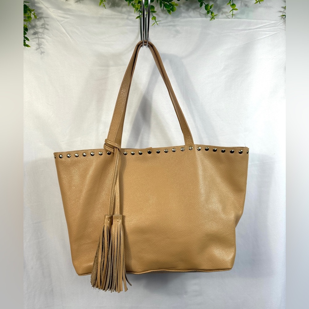 Laggo Remy Tan Pebble Leather Tote Gold Studs Tassel